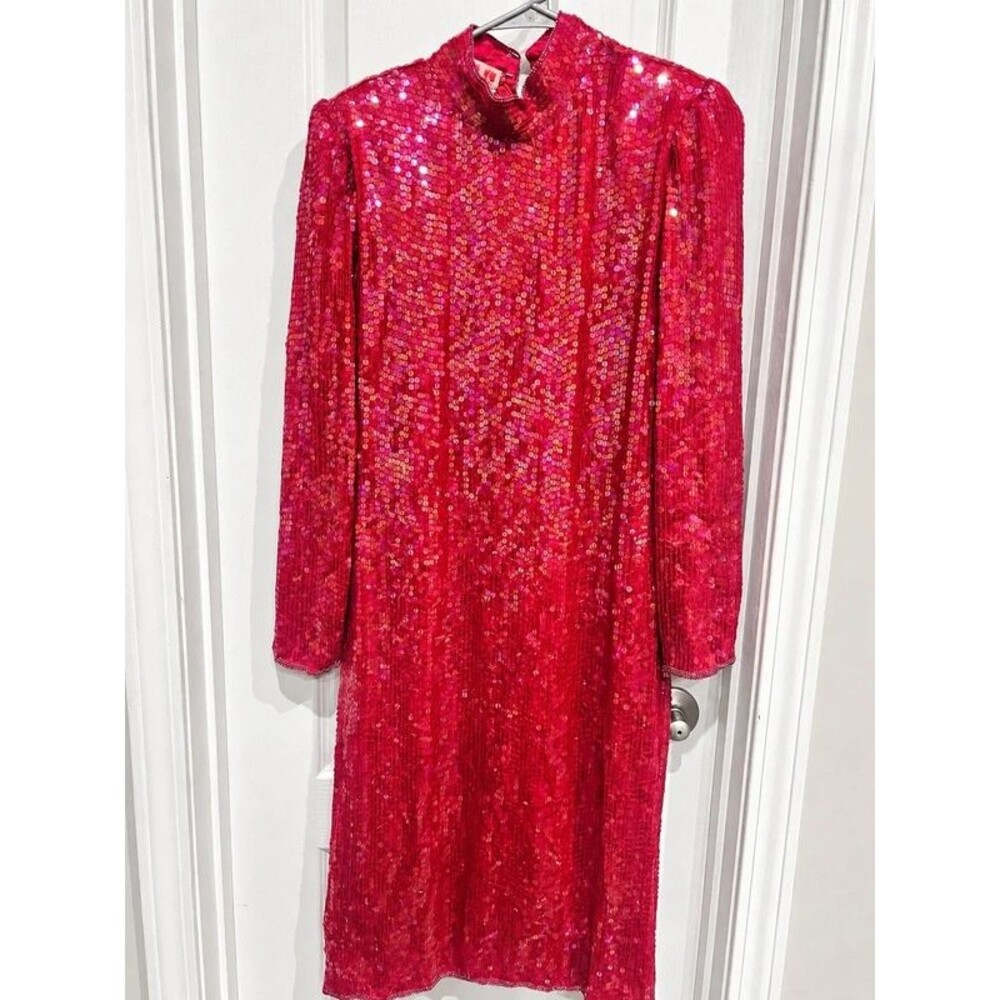 Vintage Scarlet Rage Red Sequin Mock Neck Long Sleeve Dress Estimated Small
